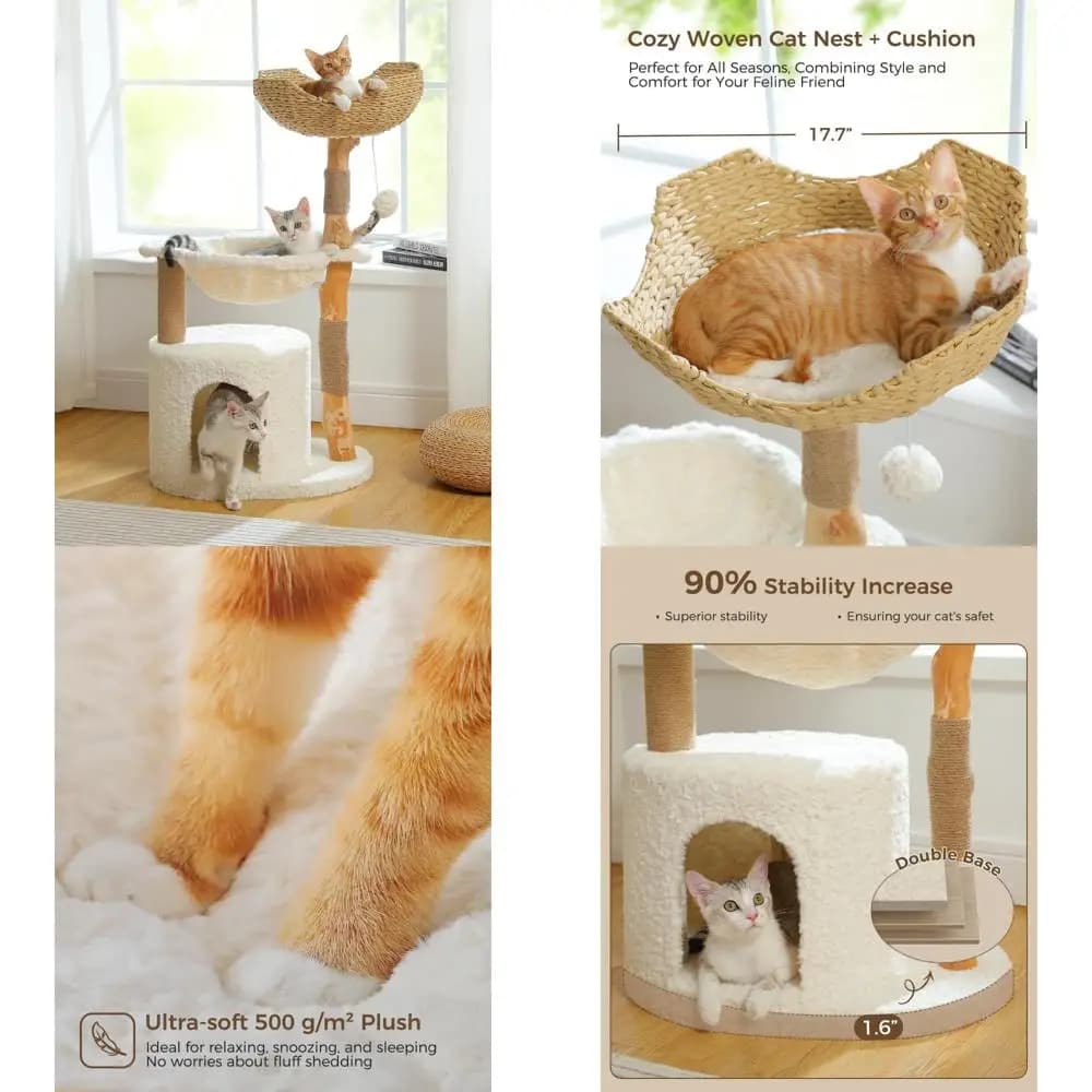 Albero per gatti di lusso con ramo reale con ampio condominio accogliente per gatti da interni - Mobili ideali con torre in legno per comfort e gioco felini