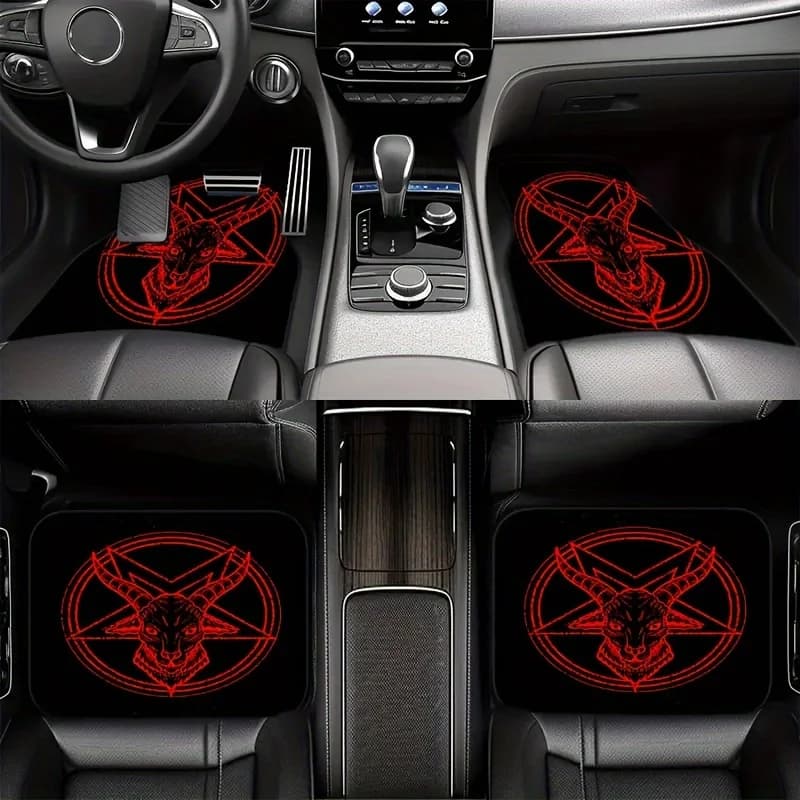 4pcs Black Demon Pentagram Pattern Universal Car Floor Mats - Suitable For SUV, Truck & Cars | All-Weather Polyester Pads | Idea