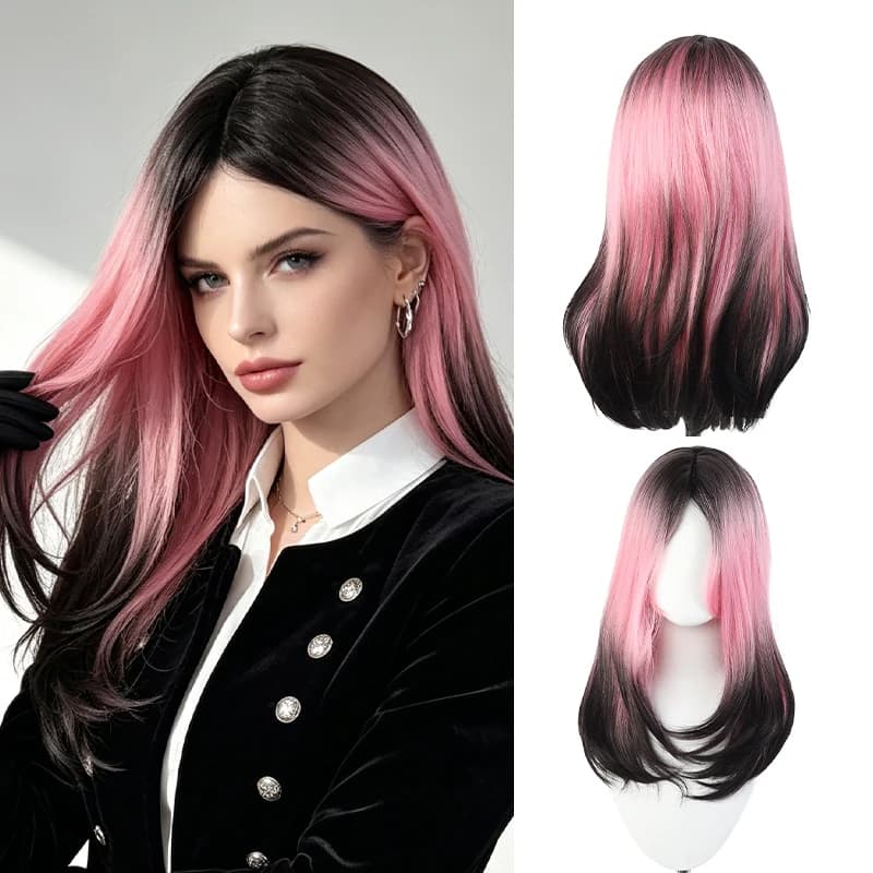 Pink to Black Ombre Synthetic Wig, Curtain Bangs & Layered Straight Cut, Mid-Length Hair for Halloween & Daily Wear