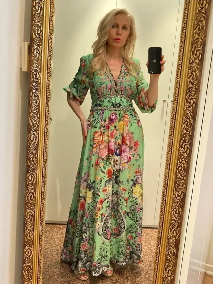 Women's Green Long Dress with Floral Print Long Dress with Crystal Beads Elastic Waist Long Sleeve V Neck Elegant Women's Dress in Silk 100%