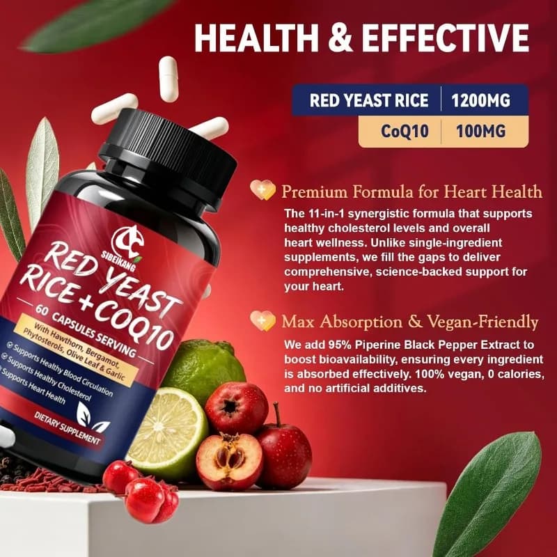 Red Yeast Rice 1200mg Capsules Contain Coenzyme Q10 Supplements, Vitamins D3, K2, Bergamot, and Hawthorn | 60 Capsules