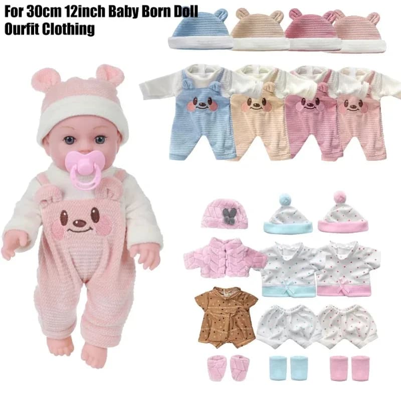 Abbigliamento e Accessori per Bambole Reborn da 12 Pollici (30 cm): Pigiama Invernale a Tema Orsetto Cartone Animato, Tutina e Culla Portatile in Peluche