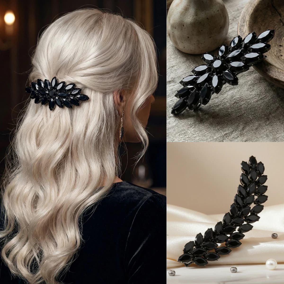 Luxury Midnight Black Marquise Zircon Hair Clip Elegant Gothic Crystal Barrette Noir Wedding & Evening Party Hair Jewelry