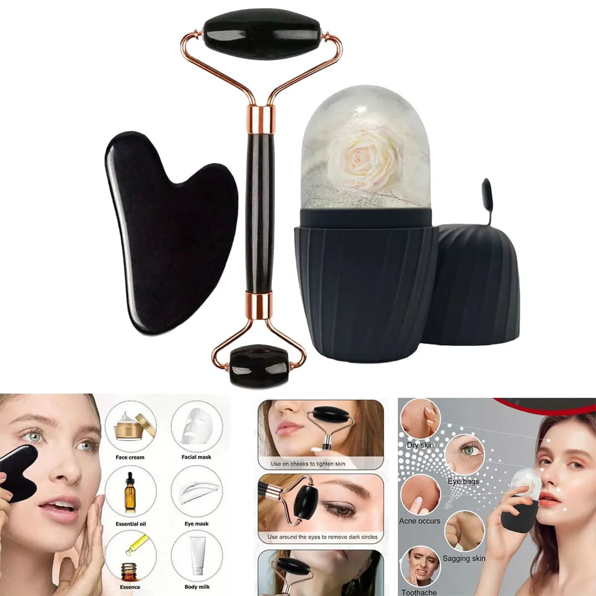 1/2/3 pcs Set of face skin care ice rollers with ice rollers, GuaSha face tools set with face rollers, face massage roll, lifting side