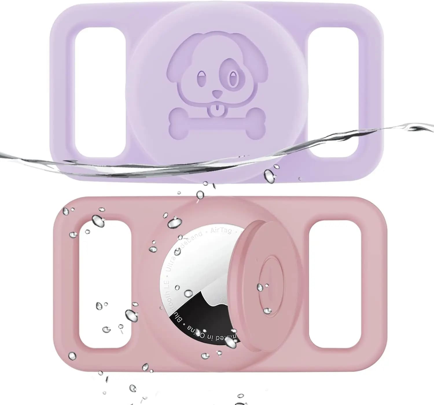 Supporto Impermeabile per Collare Cane per AirTag, Confezione da 2 Accessori Anti-Smarrimento in Silicone con Anello Nascosto, Viola e Rosa