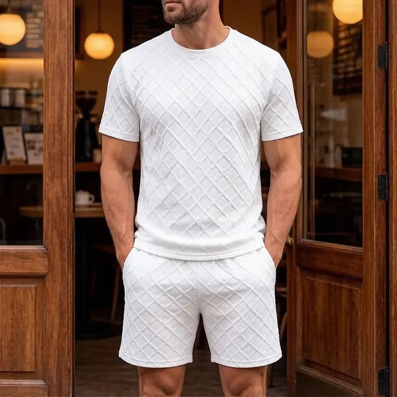 Completo da Uomo Estivo Casual alla Moda: T-Shirt a Maniche Corte in Tessuto Waffle Tinta Unita e Pantaloncini da Spiaggia, Stile Hawaiano, Due Pezzi, Streetwear