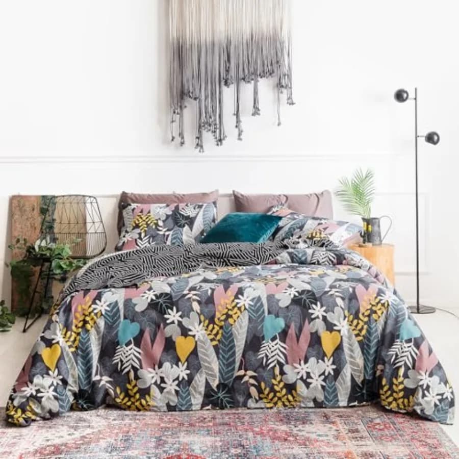 Set Copripiumino Botanico Nero 100% Cotone 3 Pezzi con Copripiumino Blu Giallo a Foglie Tropicali con Chiusura a Cerniera e 2 Federe Stile Fattoria