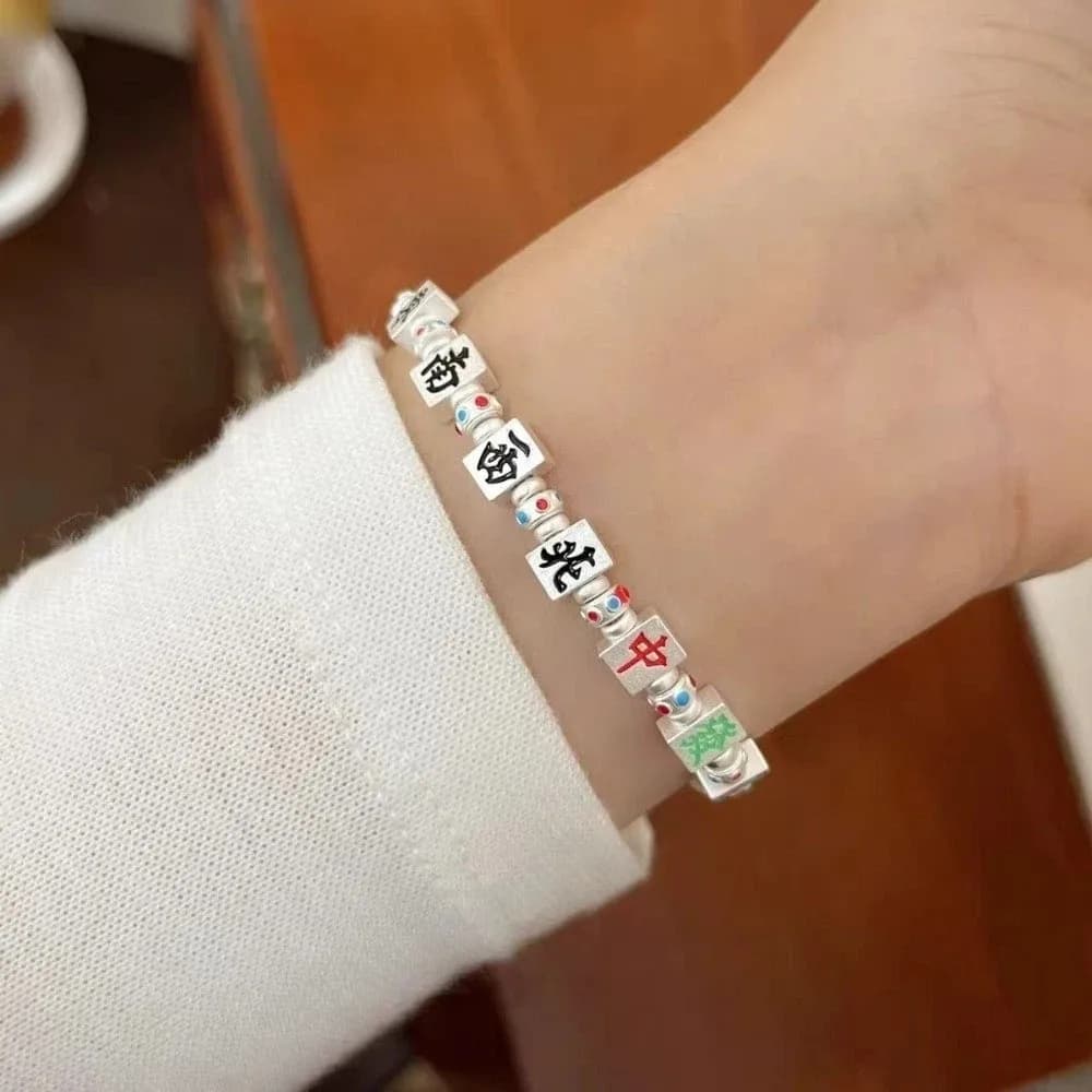 Carattere cinese Mahjong Perline Braccialetti Gioielli a mano Bracciale Mahjong dorato regolabile Lega di metallo Fascino fai da te