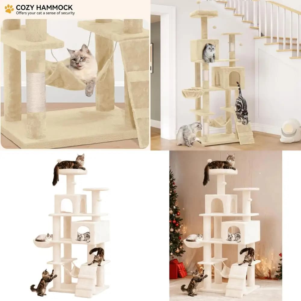 Albero per Gatti Robusto da 75 Pollici di Altezza per Razze Grandi con Tiragraffi, Amaca e Cuccia - Beige