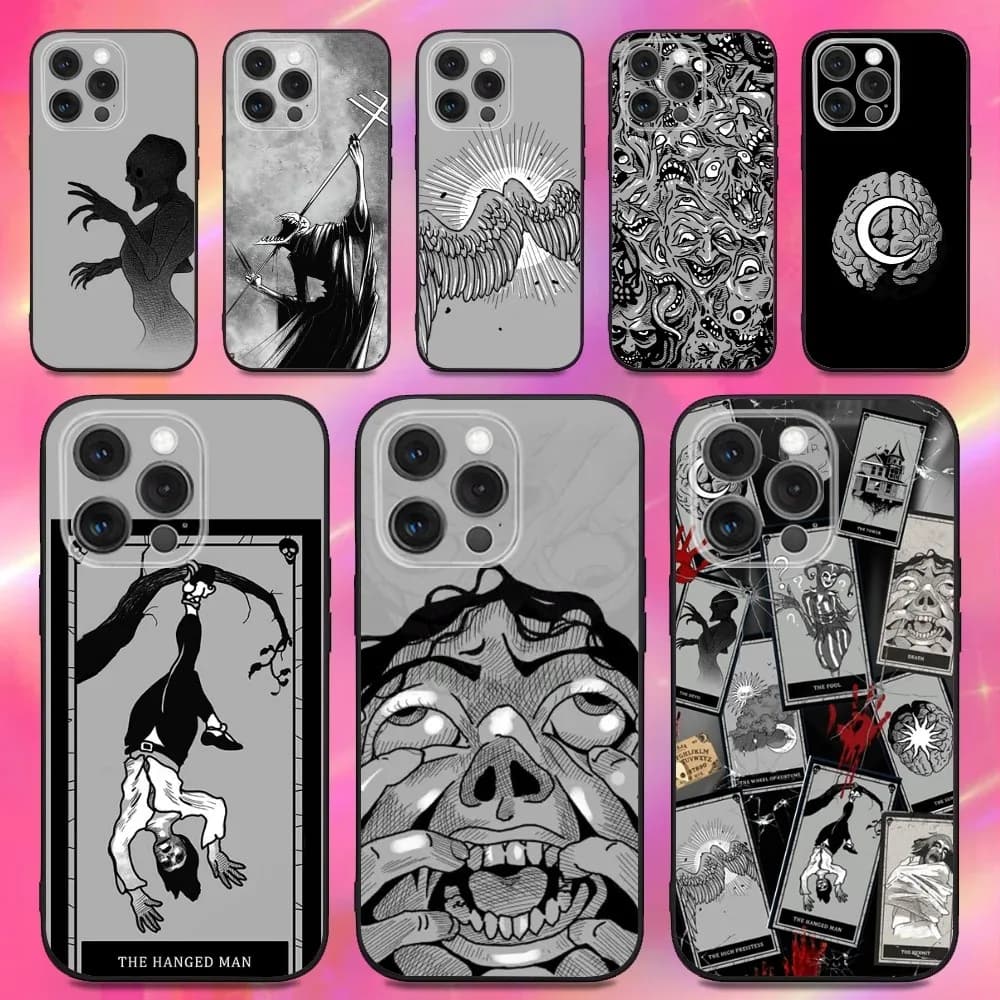 Custodia per telefono con carta dei tarocchi P-Phasmophobia per iPhone 16,15,14,13,12,11,Pro,Max,Plus,X,XS,XR,SE,8,7,Mini, custodia morbida in silicone nero