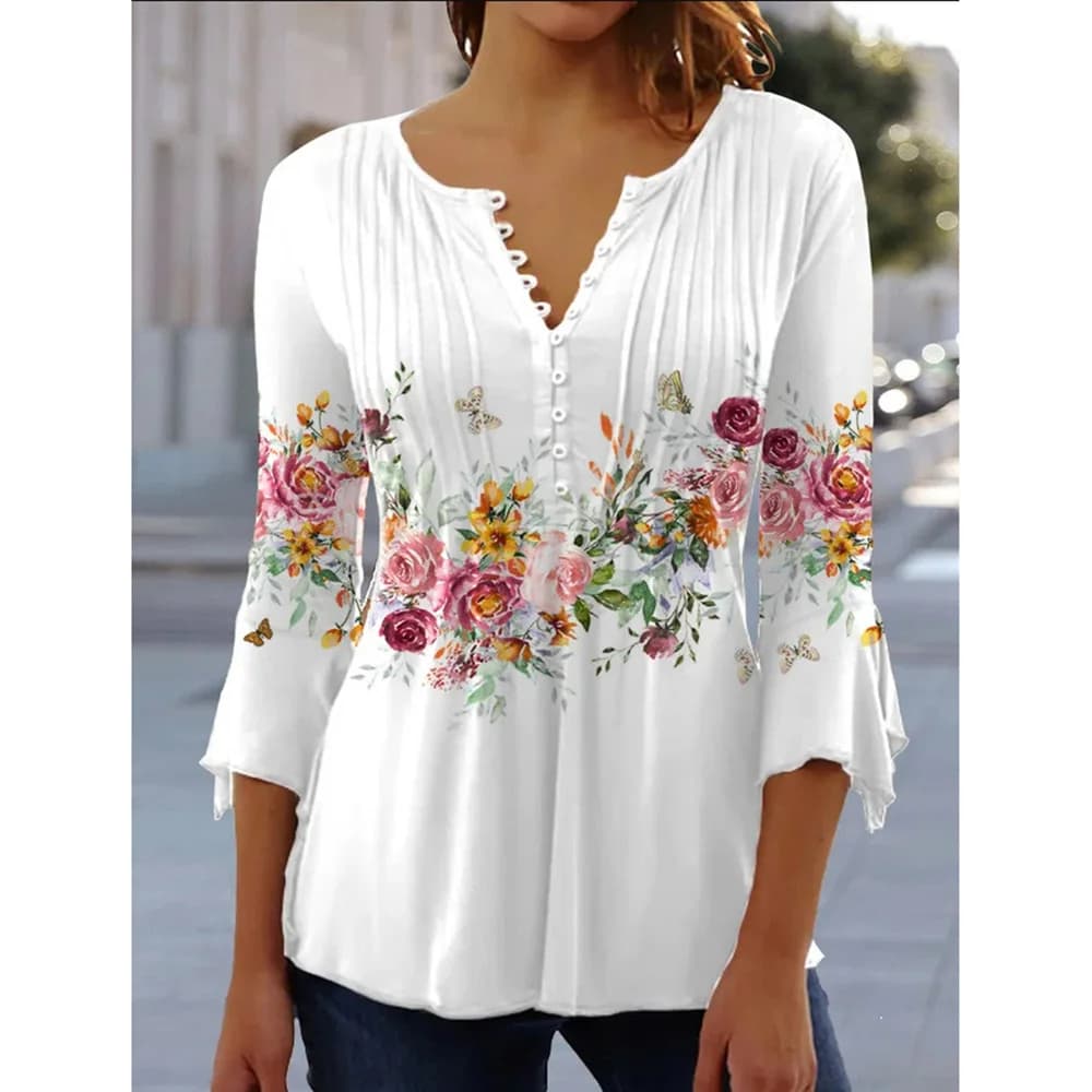 2024 Camicie stampate in 3D alla moda per le donne Primavera Estate Manica 3/4 Bottoni con scollo a V Camicetta Camicia elegante da donna a maniche lunghe