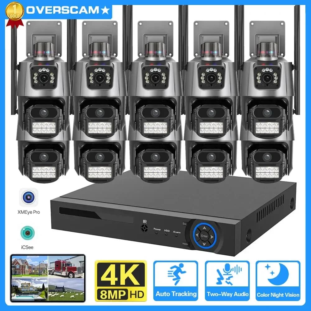 8MP 4K Wifi Telecamera Doppia Lente 10CH NVR Auto Tracking Impermeabile di Sicurezza CCTV Video Sorveglianza Polizia Luce Sistema di Telecamere di Allarme