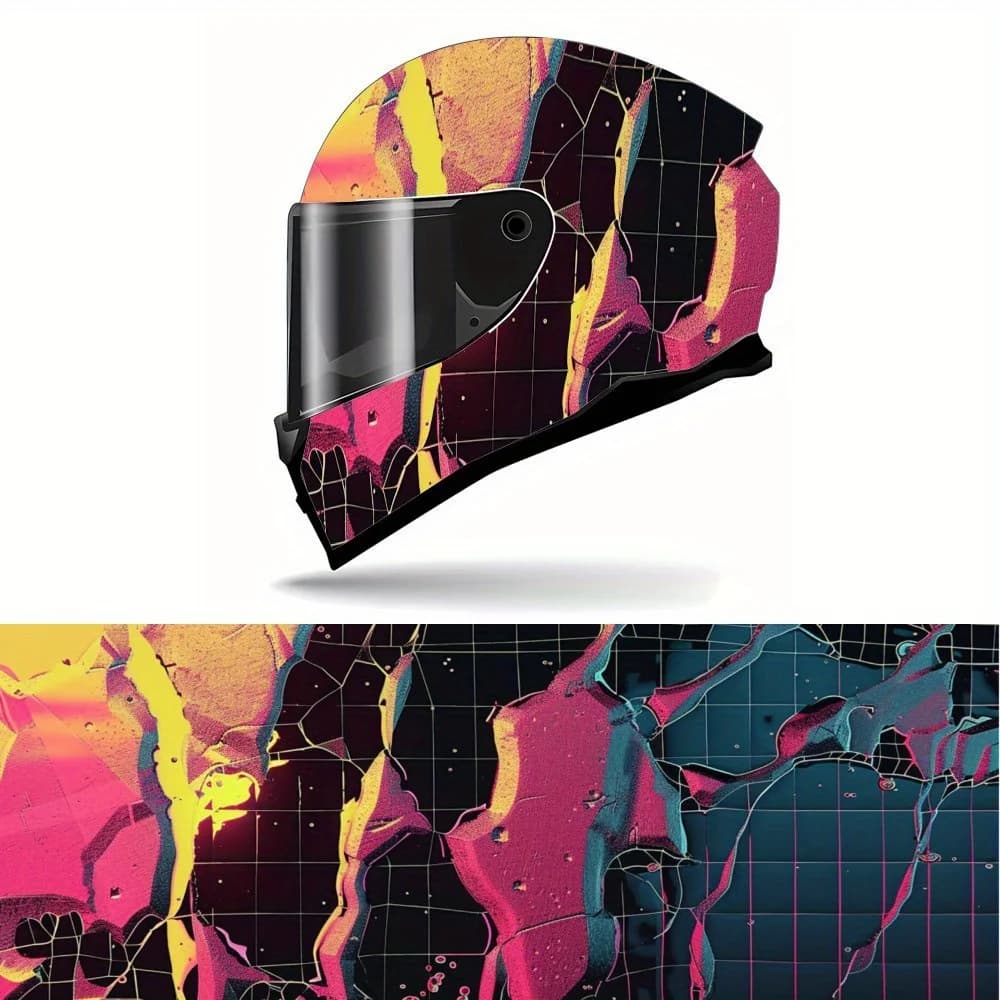 Abstract design pink and yellow helmet vinyl wrap, waterproof removable decals for motorcycle helmets, universal scratch-resistant