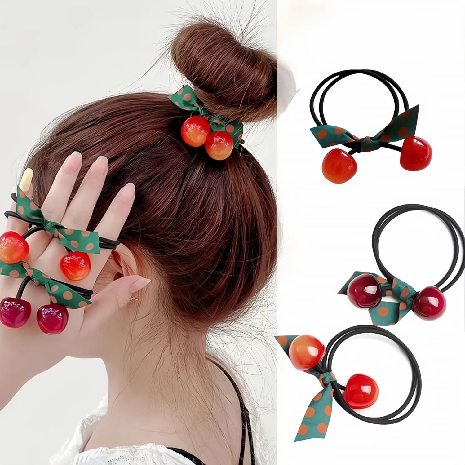 3 Pz/set Nuovo Carino Dolce Cherry Bow Scrunchies Semplice Alta Elastico Elastici Ragazze Belle Fasce Per Capelli Accessori Per Capelli Delle Donne