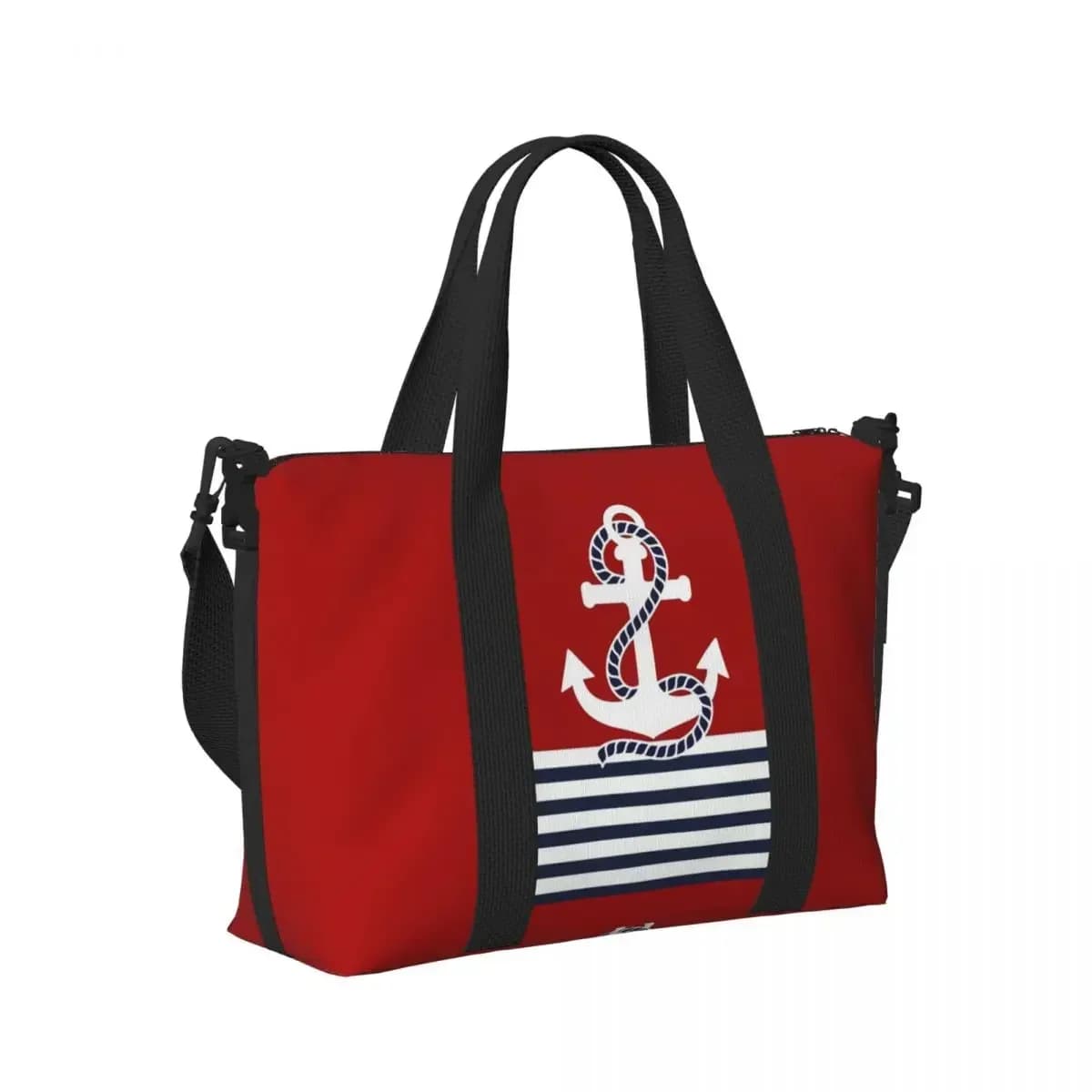 Nautical Navy Blue Stripes And Boat Anchor Beach Travel Bag Tote Bags for Gym Sport Women Shopping Duffle Shoulder Bag