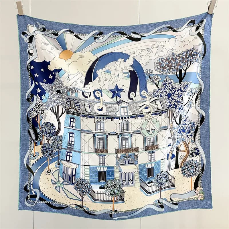 100% MULBERRY SILK TWILL Scarf 90x90CM Dream Paris Building Day Night Star Ribbon Print Square Shawl Luxury Neck Head Scarf