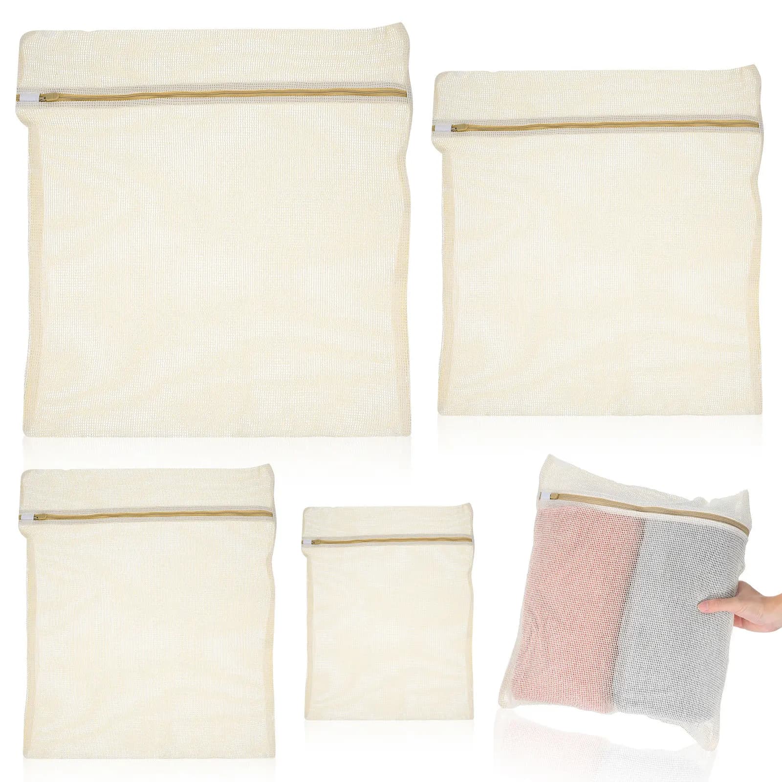 4 sacchetti per bucato in 4 diverse misure, in puro cotone, per lavatrice, piccoli sacchetti a rete beige per lavaggio reggiseni e lingerie, per la conservazione dei capi in lavatrice.