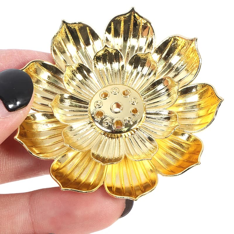 Gold Buddhism Lotus Incense Burner Stick Holder with Plate Base Traditional Temple Style for Home Decor And Meditation