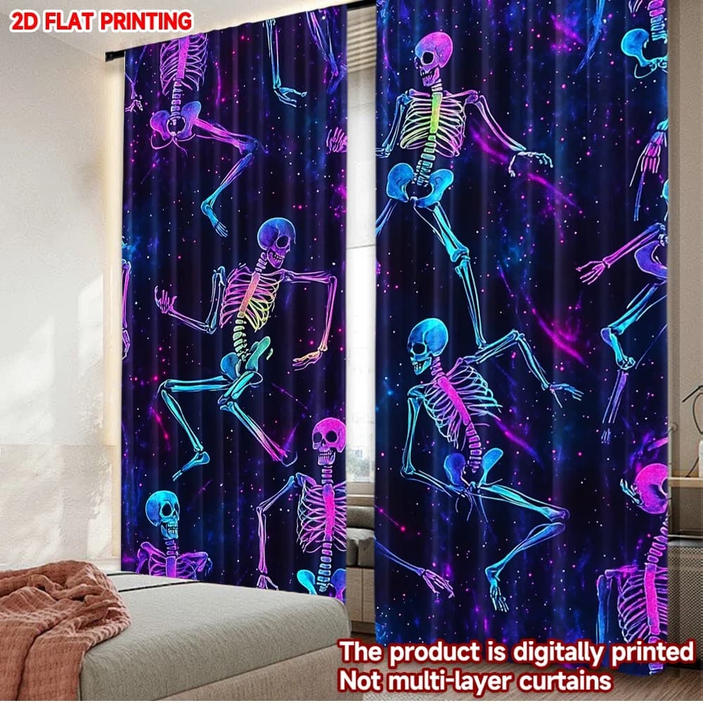 2D curtains with flat print, 2 pcs, with Halloween dancing skeletons, digitally printed polyester, Christmas decorations