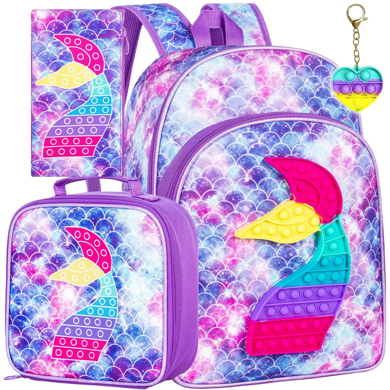 Set di 3 Zaini per Ragazze, Zaino Scolastico da 16'' per Bambine con Tema Sirena, per Scuola Materna ed Elementare, con Porta Pranzo - Viola