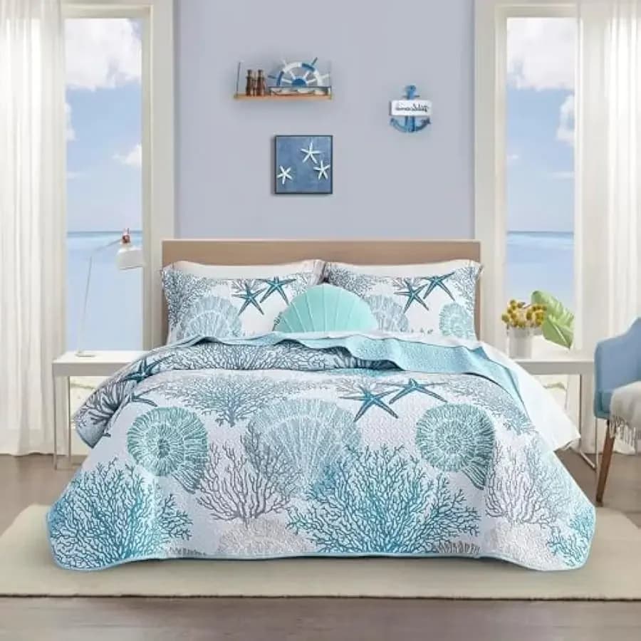 Tritard 3 Piece Coastal Quilt Sets Full/Queen Size - Reversible Microfiber Quilts with 2 Shams Soft Lightweight Beach Bedding Na