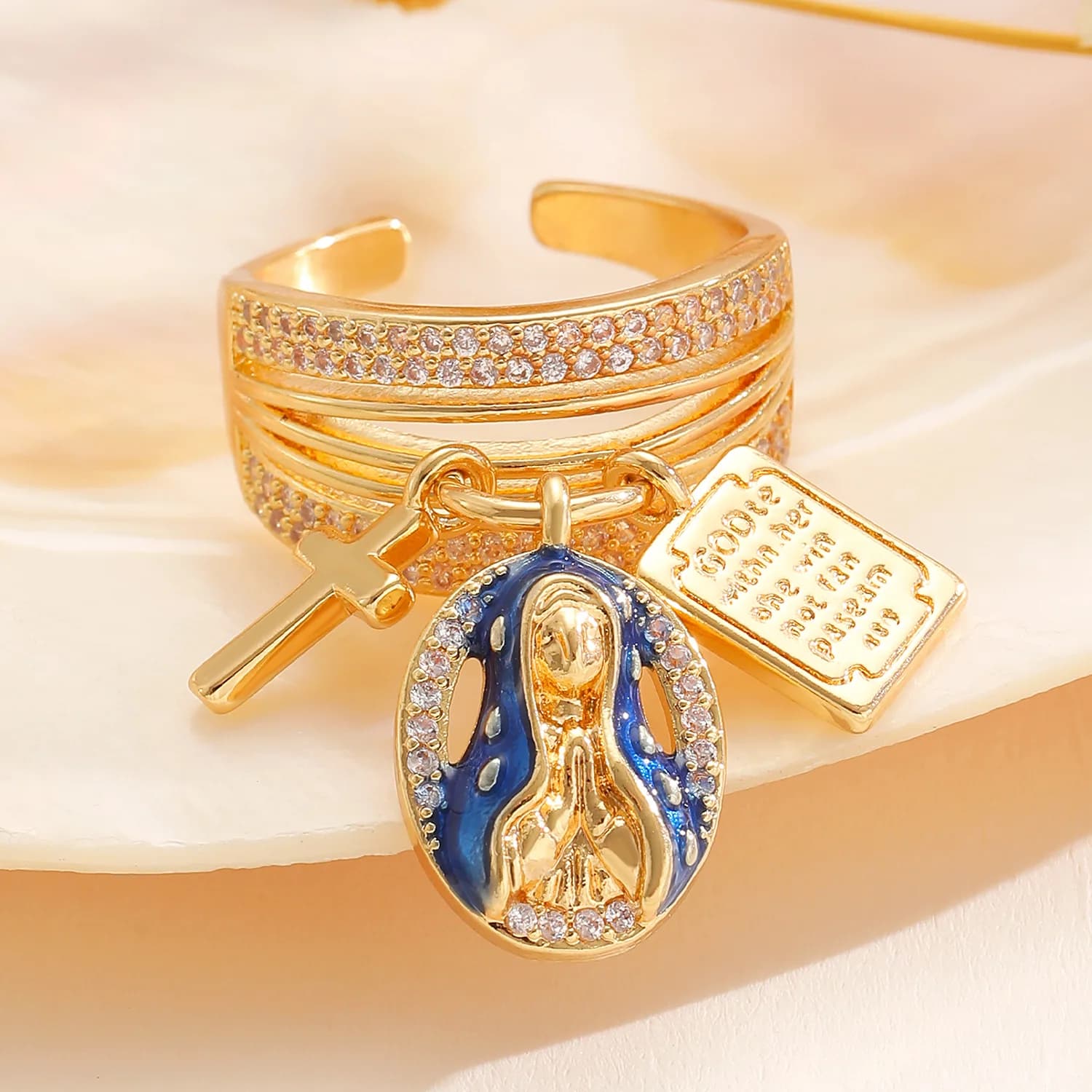 Anelli di Lusso con Charm a Croce della Vergine Maria in Zirconi per Donne e Uomini, Anello Regolabile Aperto in Rame Color Oro, Gioielli Religiosi da Regalo