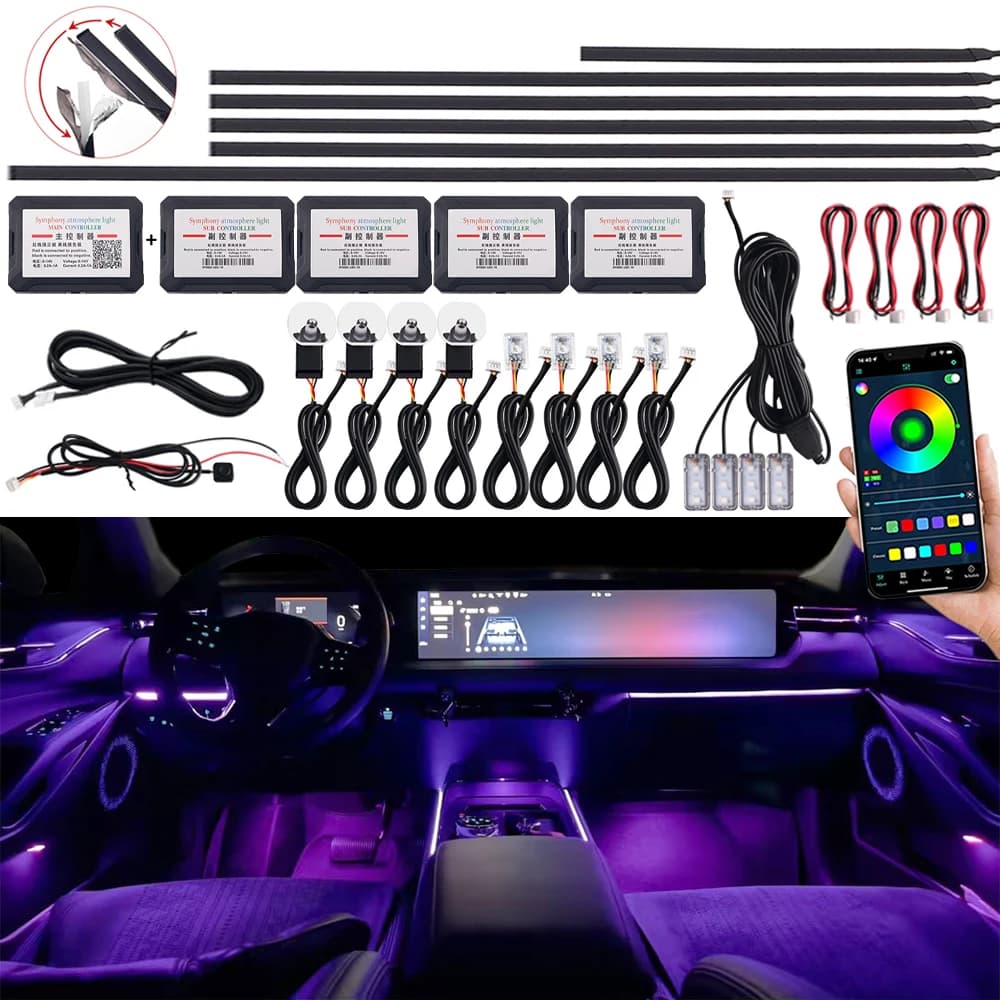 Il più nuovo LED nascosto per auto luce ambientale interna nero opaco striscia acrilica nascosta atmosfera RGB 64 lampada sinfonica Streamer a colori
