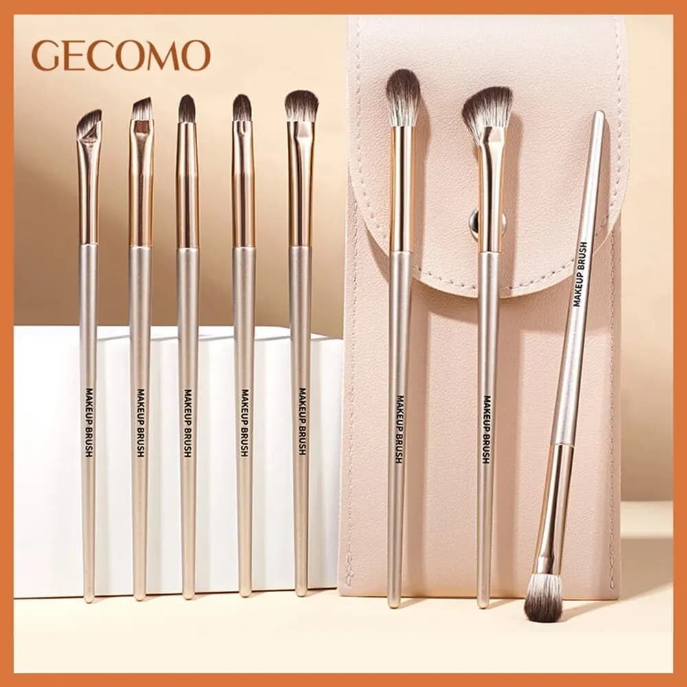 GECOMO Set di 8 Pennelli Morbidi Sintetici per Trucco Occhi con Borsa in PU per Sfumare Ombretto, Eyeliner, Crease, Sopracciglia e Illuminare gli Occhi