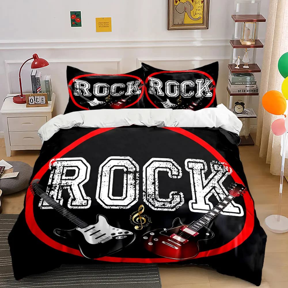 "Rock Music Themed Decor Set" Bedding Set with 1 Duvet Cover 2 Pillowcases Single Double King Queen, Gift