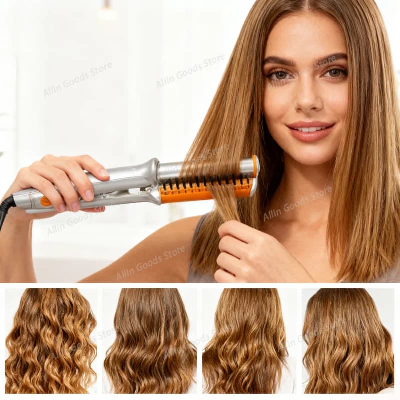 Hair Curling Iron Max 2-Way Rotating Hair Curler 2 In 1 Curler Straightener Brush Smoothing Iron Electric Hairbrush