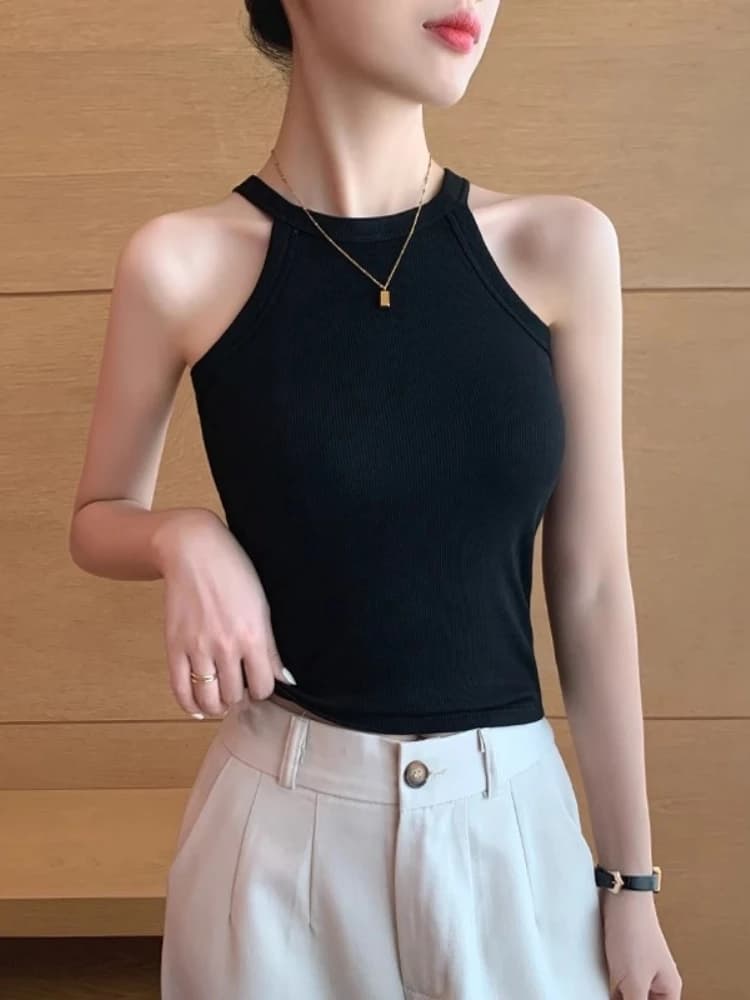 Trendy Neck Hanging Strap Vest Women's Summer New Style Integrated Beautiful Back Underwear Outerwear Top with Chest Pad