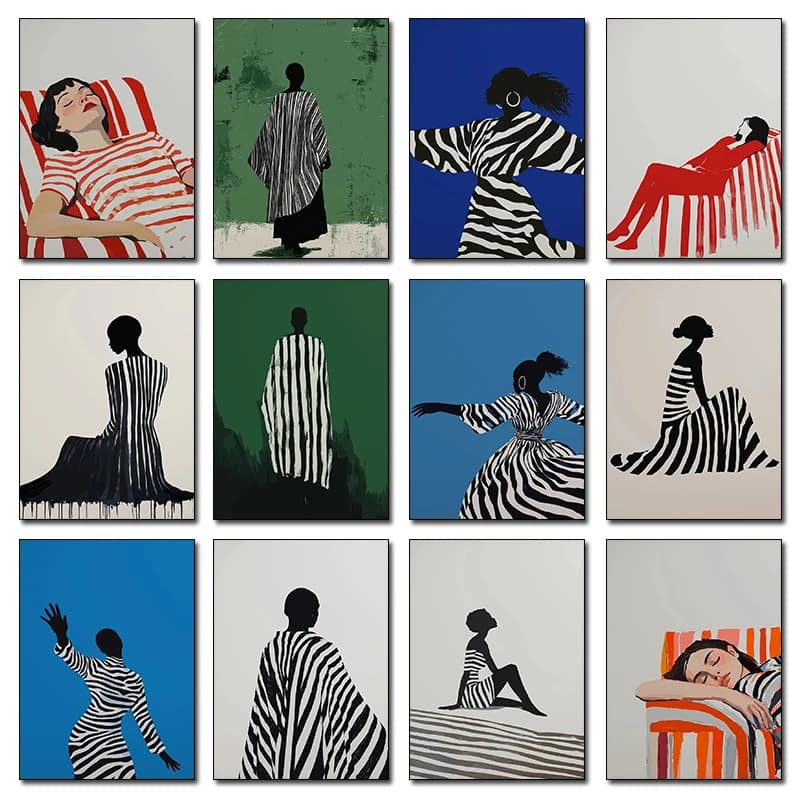 Poster Moderno Astratto Minimalista Verde con Donna Nera Rilassata, Stampa Artistica da Parete, Quadri con Pittura a Diamante per Arredamento Casa e Camera