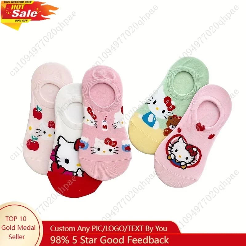 Confezione da 5 calzini da donna traspiranti, assorbenti, morbidi, comodi, carini, con cartoni animati, Hello Kitty, casual, invisibili