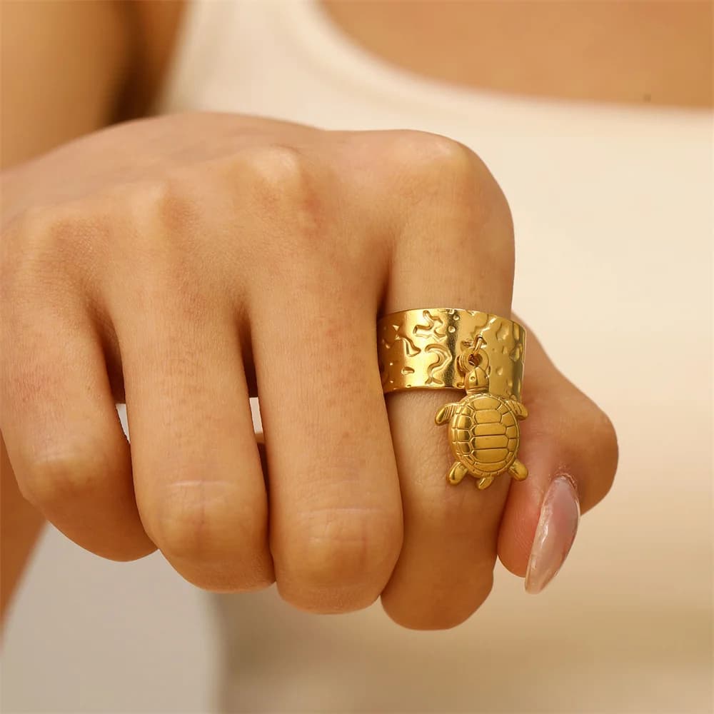 Unique Pendant Starfish Turtle Ring Egyptian Style Beach Jewelry Stainless Steel Wide Rings For Women Set Vintage Accessories