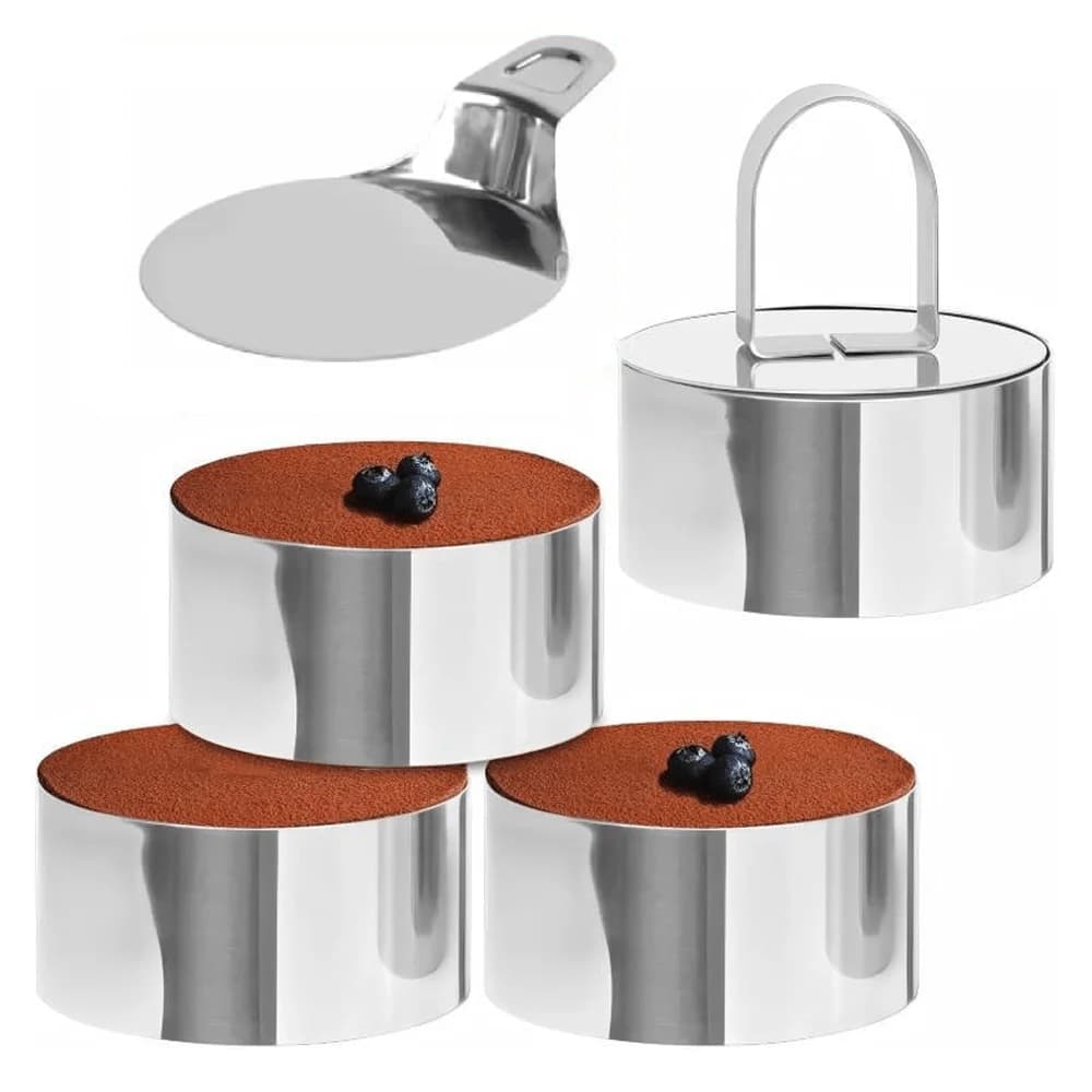 Set da 6 Pezzi - Stampo per Mousse con Anello, Spingitore e Sollevatore, Anello per Torta in Acciaio Inossidabile, Stampo per Mousse, Stampi da Cucina per Dolci