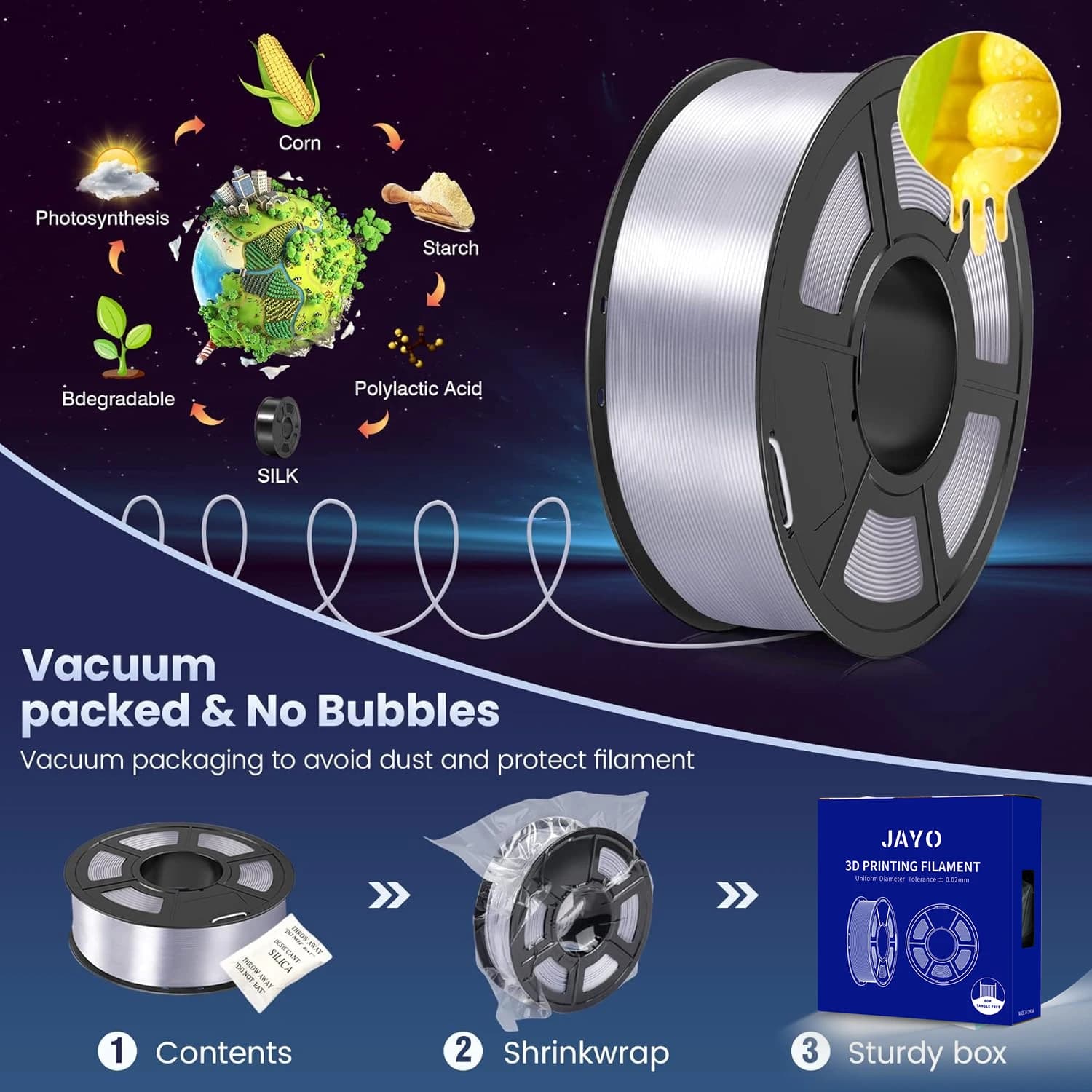JAYO 2Rolls 3D SILK PLA+ Printer Filament 1.75mm+/-0.02mm SILK 3D Printer Filament Neatly Wound & No bubbles PLA for 3D Printer