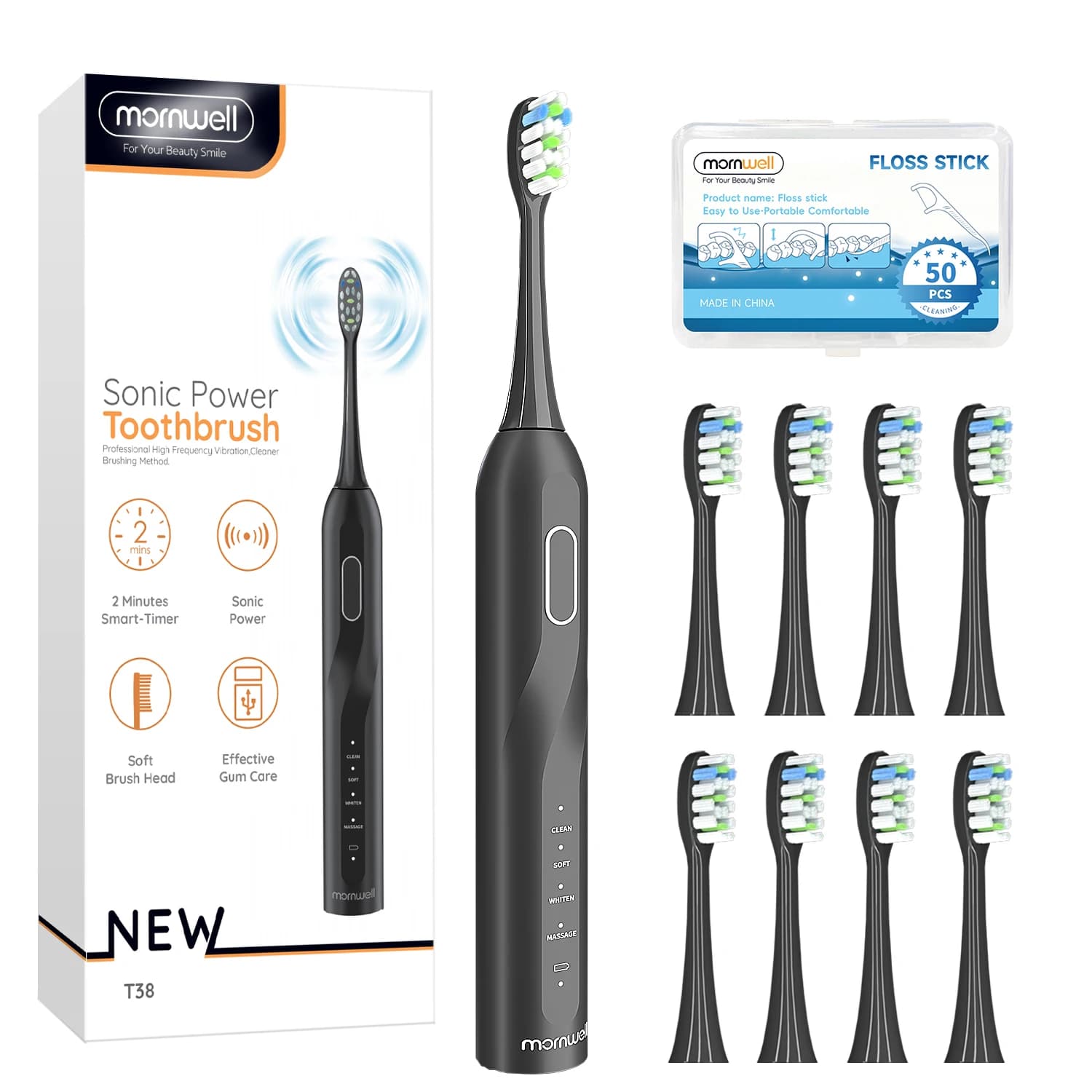 Mornwell Sonic Electric Toothbrush USB charger Waterproof rechargeable electronic brushes 8 spare heads T38(T2405)