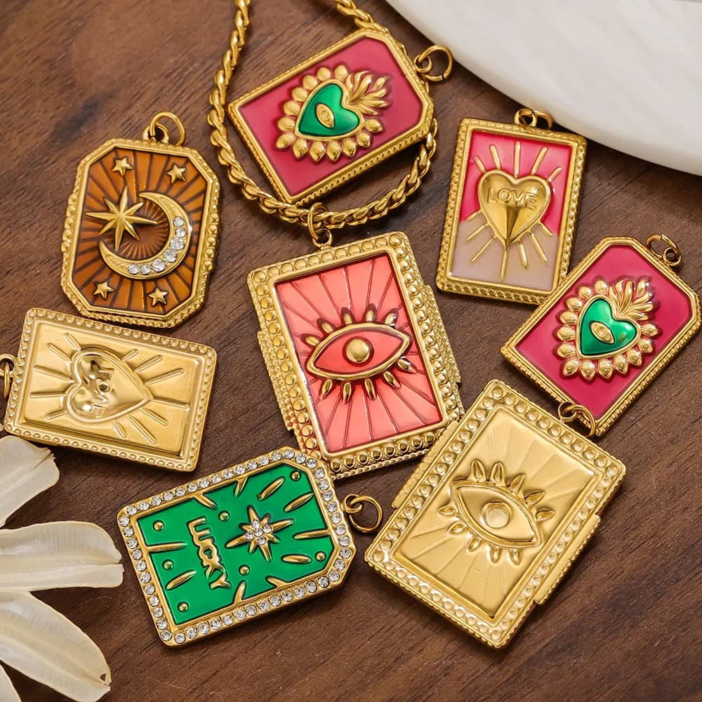 2pcs Stainless Steel Charms Dripping Oil Love Tarot Card Necklace Pendants for DIY Earring Keychain Jewelry Making Accessories
