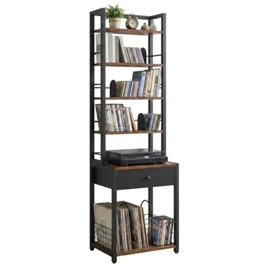 Scaffale porta CD a 6 livelli, organizer DVD con cassetto e ferma-carte regolabili, porta dischi in vinile e portaoggetti multiuso