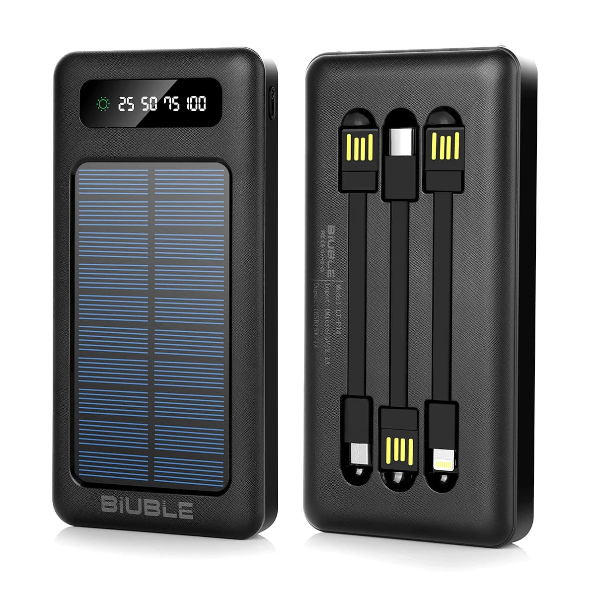 Power Bank Solare 8000mAh 2.1A Ricarica Rapida con 3 Cavi Staccabili Caricabatterie Esterno Portatile per Viaggi all'Aperto