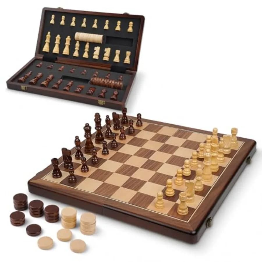 2-in-1 Magnetic Checkers and Chess Set for Adults and,15" Foldable Wooden Chess Board with Full Magnetic Pieces, Organized Stor