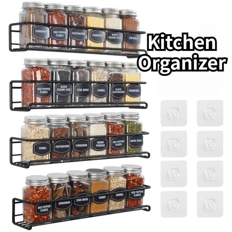 2PCS Kitchen Spice Rack Metal Wall-mounted Storage Racks No-drill Sauce Organizer For Home Restaurant Spice Jar Storage Shelf