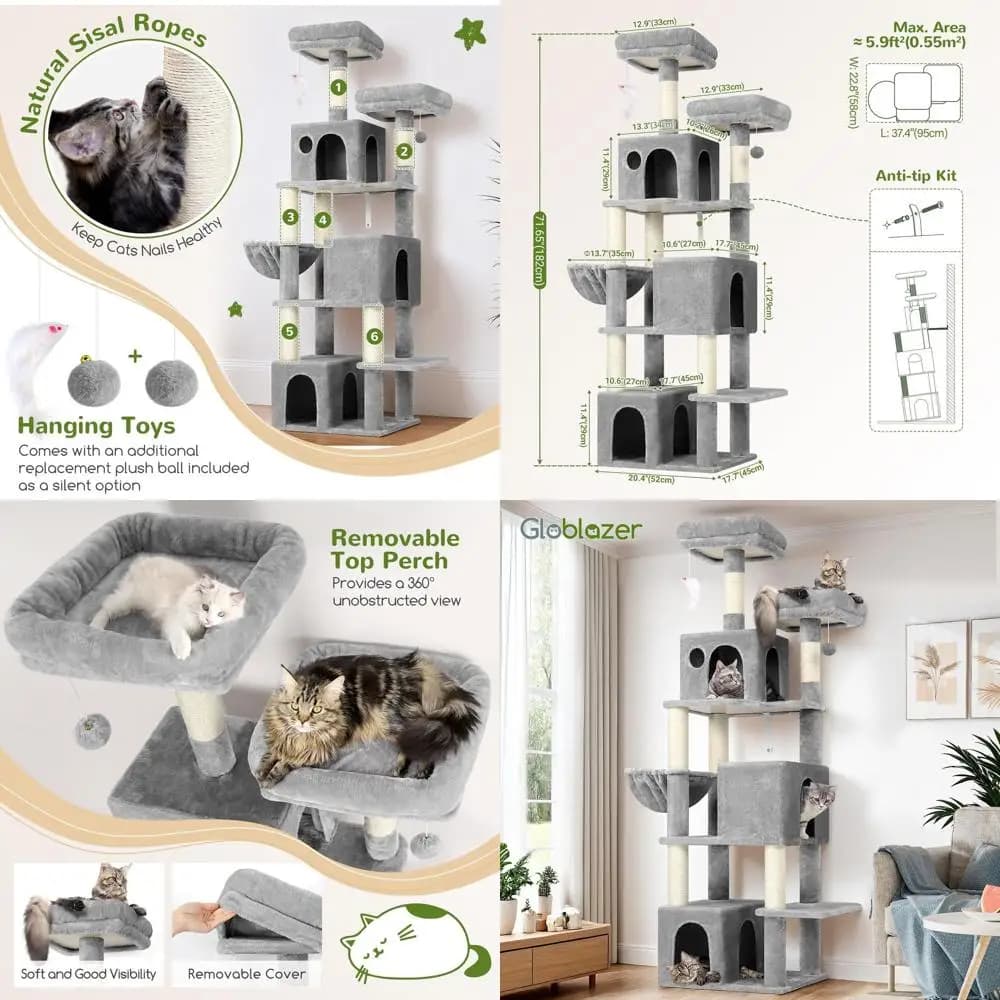 Torre per gatti da interno XL, 71 alte con 3 livelli, tiragraffi, cestino in peluche, grigio chiaro