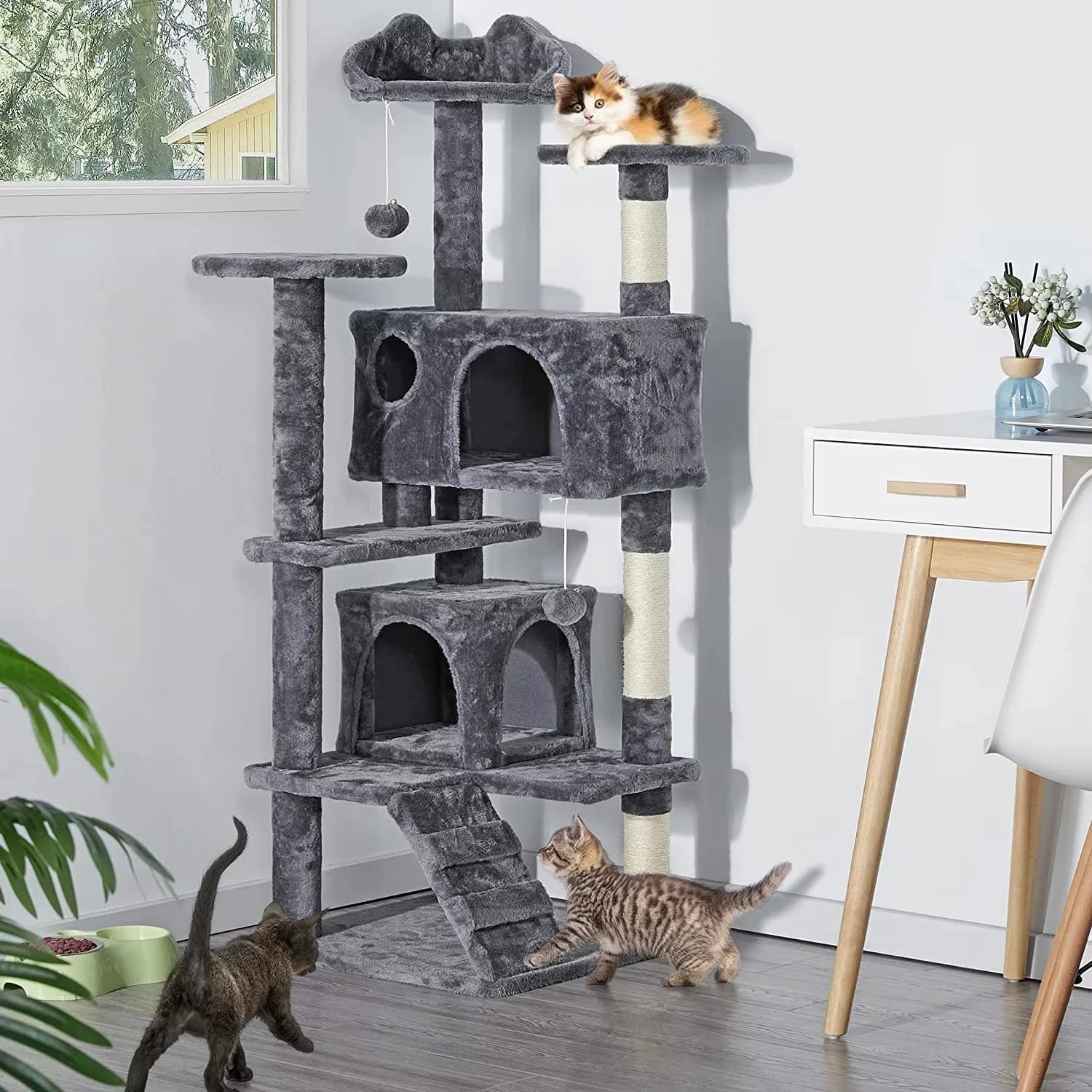 Big Size 54.5" Double Condo Cat Tree Wooden Pet Scratcher House Tower Condo Cat Tree Furniture With Scratching Post Tower