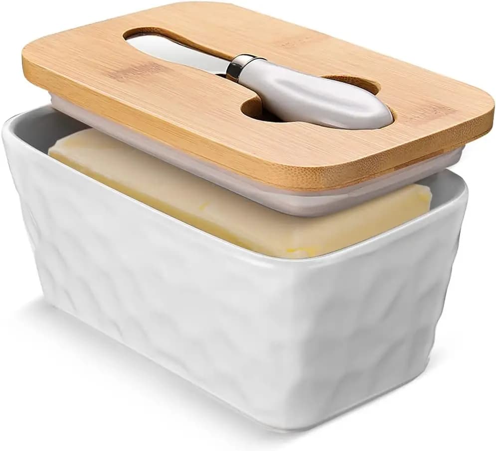 Grande Portaburro in Ceramica con Coperchio e Coltello, Doppio Sigillo in Silicone per Arredamento Cucina Rustica, Design Effetto Pietra Bianca