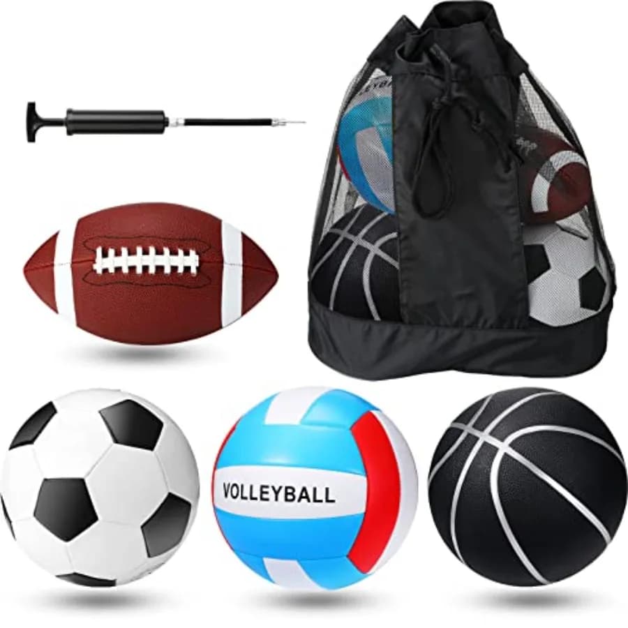 Set di 4 Palloni Sportivi di Dimensioni Ufficiali Include Calcio, Football, Basket, Pallavolo per Giochi Indoor e Outdoor
