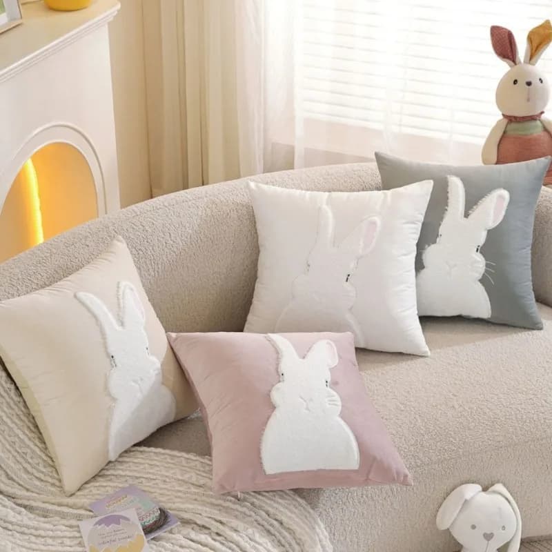 Embroidered Easter Bunny Pillow Case Fluffy Rabbit Easter Throw Pillow Cover Home Decor Spring Holiday Gift Soft Velvety Texture