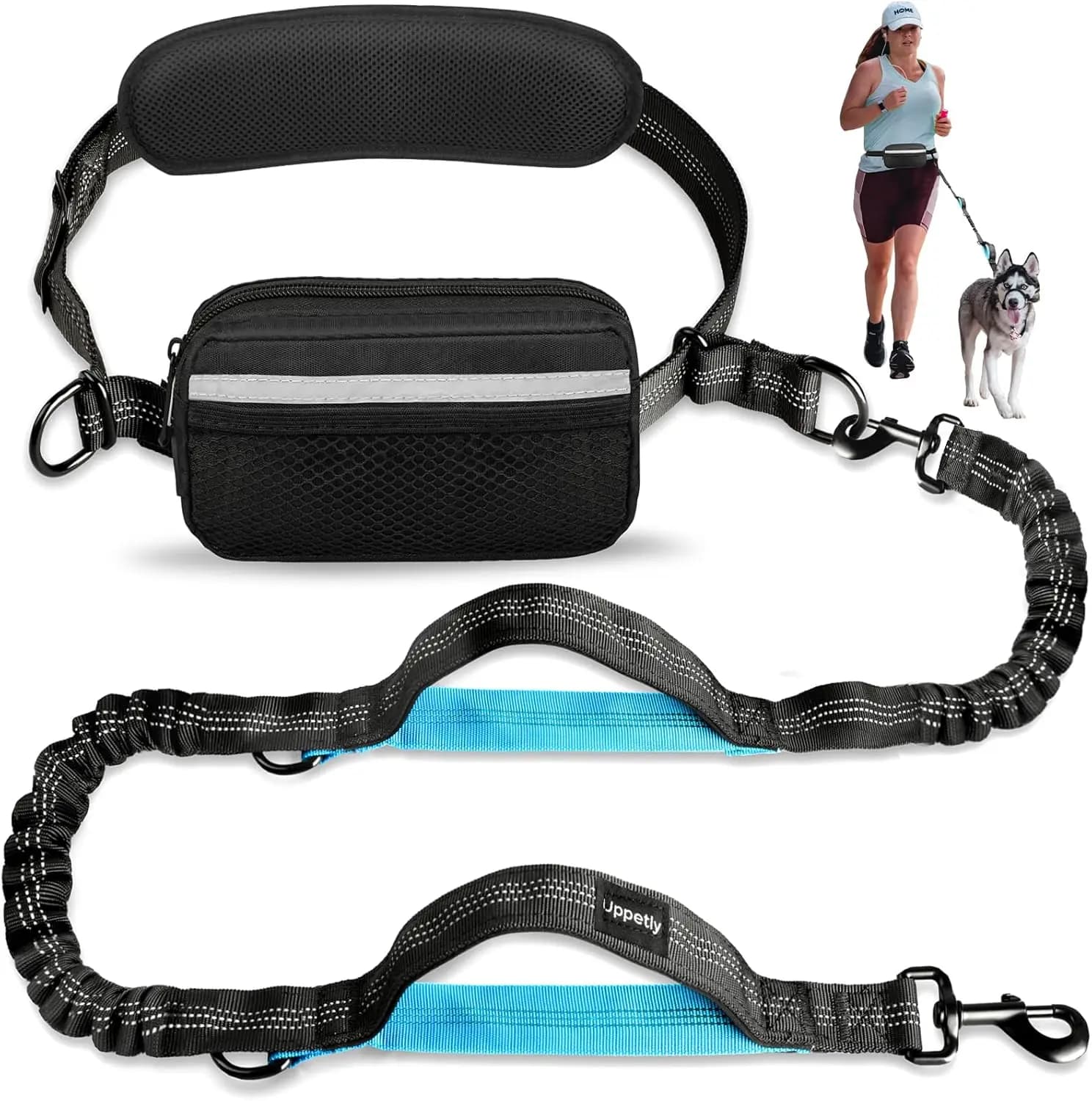 Guinzaglio per Cani a Mani Libere con Tasca con Cerniera, Doppia Impugnatura, Elastico, Riflettente, per Cani di Taglia Media e Grande, 25-120 libbre