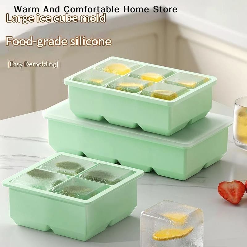 【W】Large Ice Cube Tray With Lid Stackable Silicone Square Ice Mold For Cocktails BPA Free