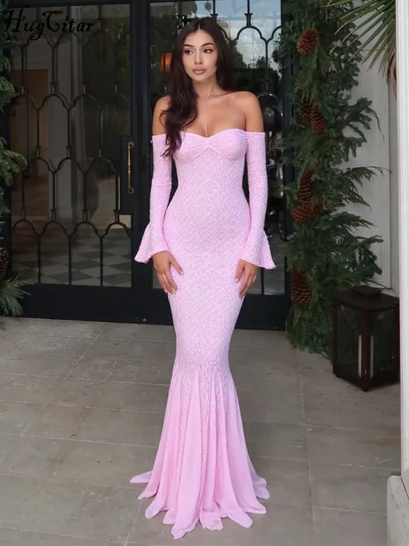 Hugcitar Fall Elegant Solid Slash Neck Patchwork Lace Long Sleeve Sexy Pleated Maxi Dress Women Clothes Vacation Birthday Party